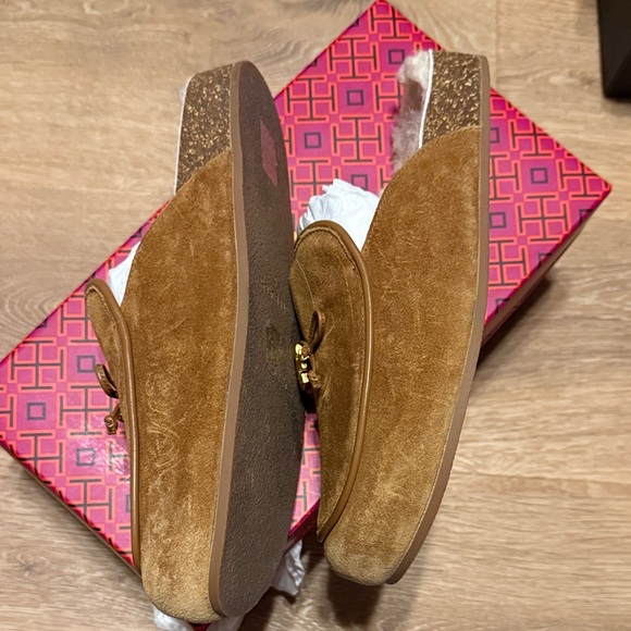 Tory Burch Brown Suede Mules with Gold Charm - Picture 2 of 4
